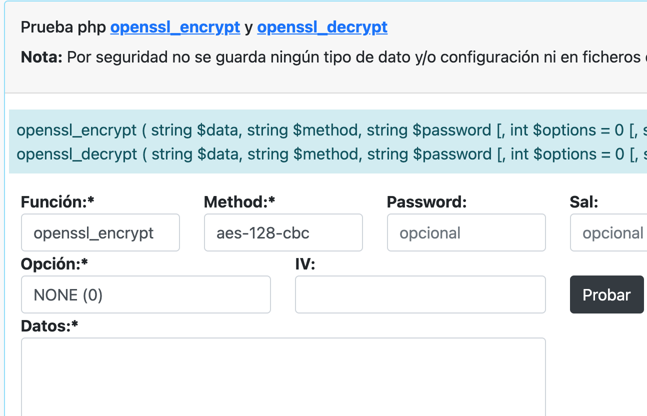 Servicio online para probar la funciones de php openssl_encrypt y openssl_decrypt