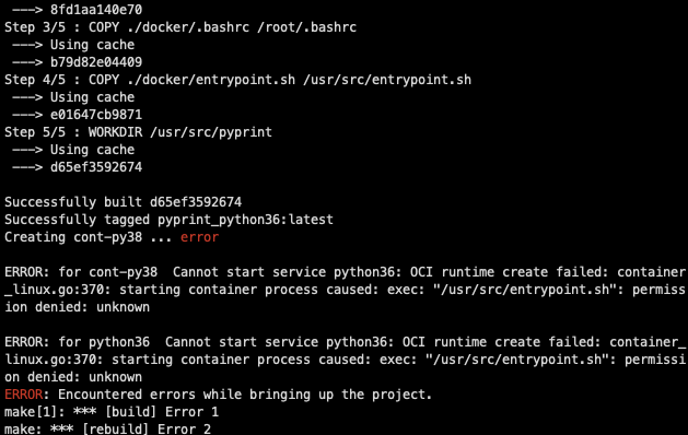 OCI runtime create failed starting container process caused: exec permission denied