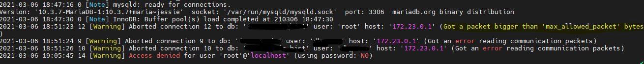 Docker Mariadb error Got a packet bigger than max_allowed_packet bytes
