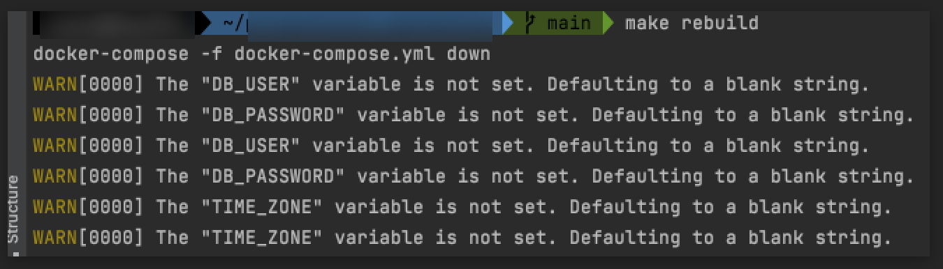 docker error WARN[0000] The "DB_USER" variable is not set. Defaulting to a blank string