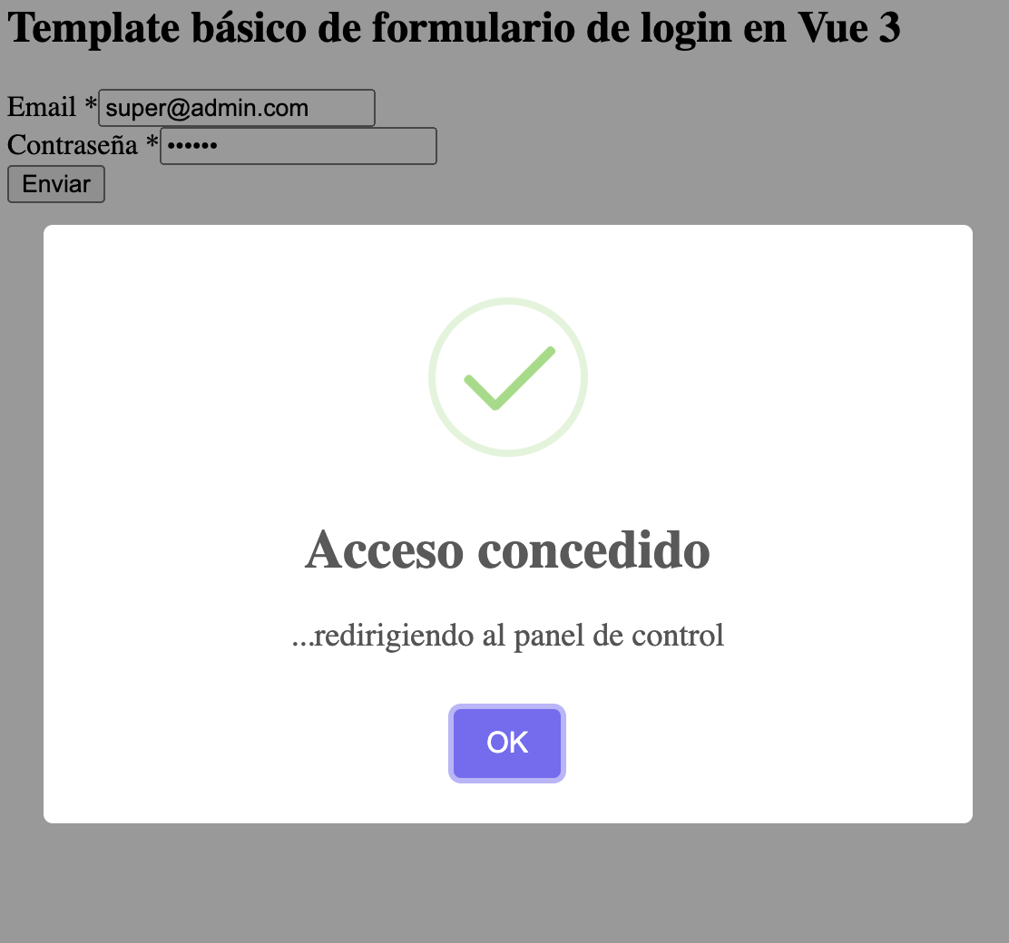Vue3 ejemplo formulario básico de login usando fetch api y sweetalert